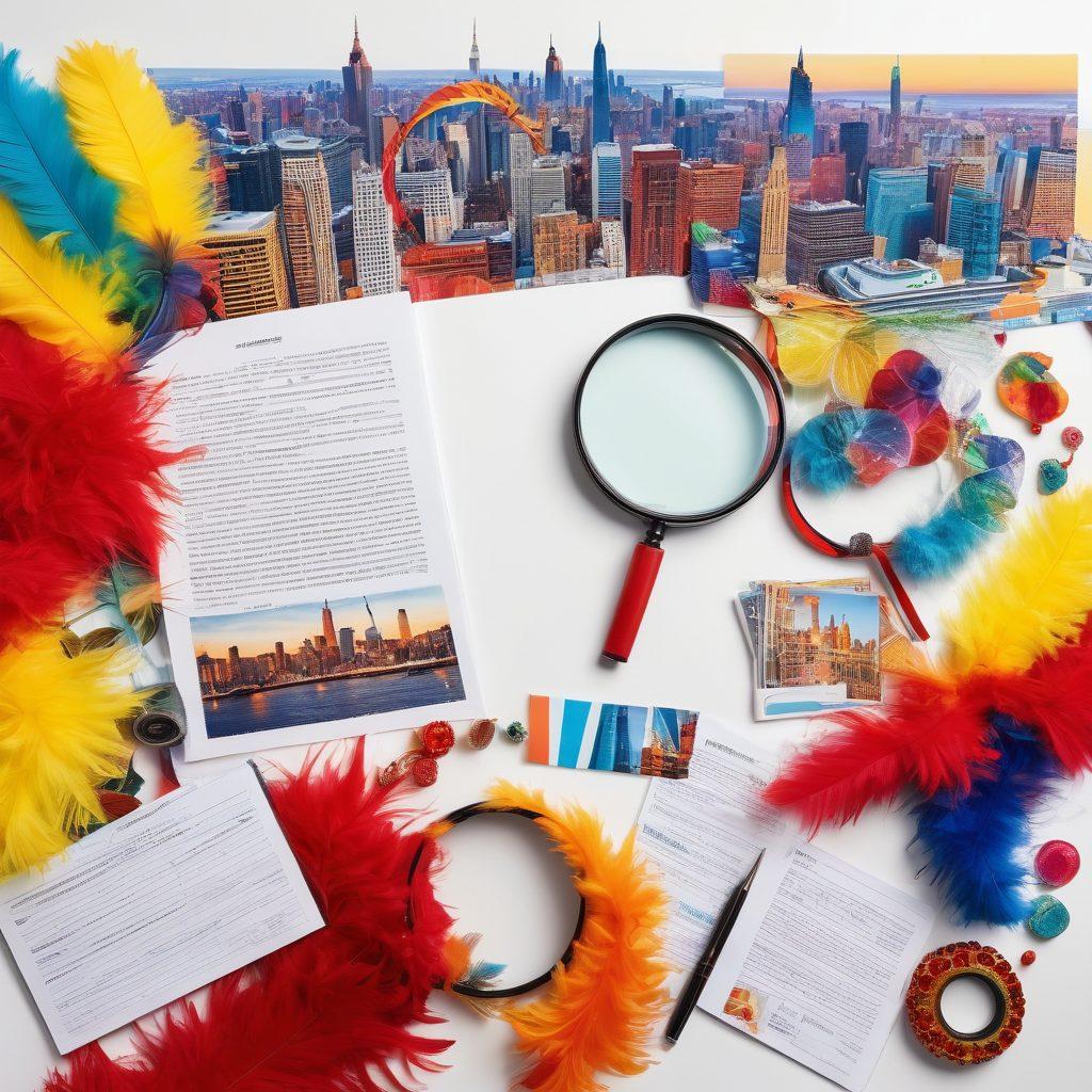 A visually striking toolkit spread open, featuring unique items like a magnifying glass, insurance documents, and playful adult performer props. The background showcases a vibrant city skyline, symbolizing an adventurous journey through claims and coverage. Incorporate subtle hints of adult performance culture, like stage lights and playful costumes, to add character. The color palette should be bold and lively to engage the audience. vector art. vibrant colors. white background.