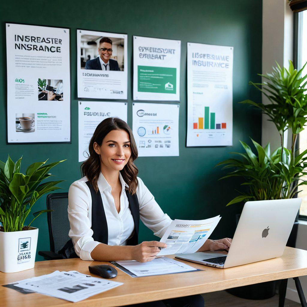 A sleek, modern office scene featuring an adult model discussing insurance options with a professional agent. The room is adorned with posters of empowerment and safety in the adult industry, with a laptop open displaying policy details. Include elements like a coffee cup, papers, and a plant for a welcoming atmosphere. Emphasize professionalism and confidence. super-realistic. vibrant colors. white background.